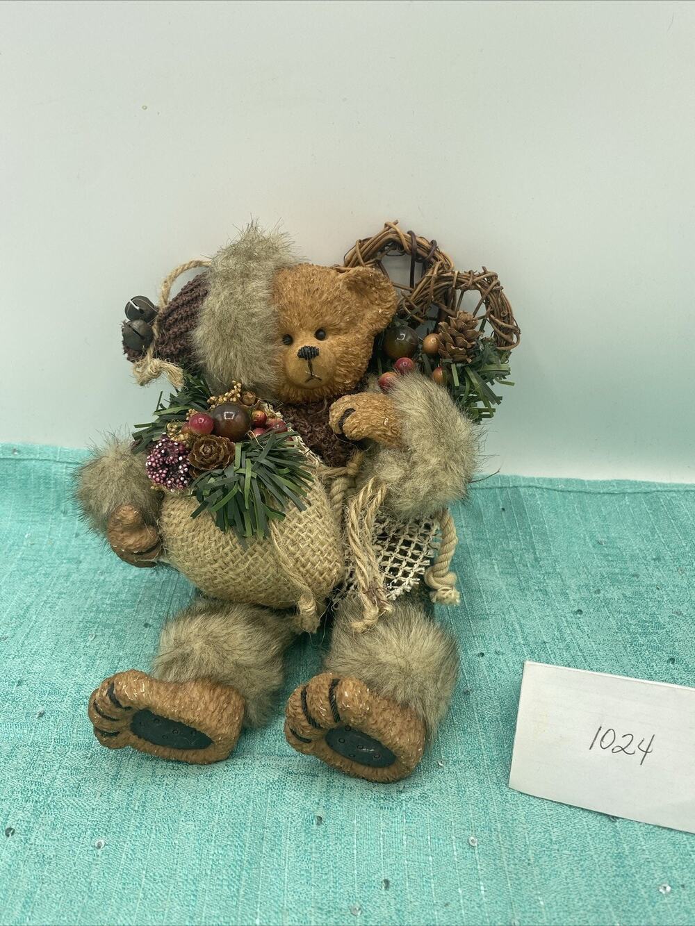 Vtg Bear Figurine Dressed for Winter With Bag, And Skis, Wood Resin Cloth 6” Sit